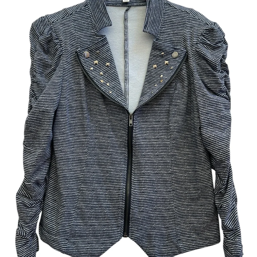 John Paul Richard Studded Puff Sleeve Moto Jacket – Blue & White Knit-S - Picture 2 of 6